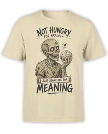 Beige zombie T-shirt with a skull holding a brain and the phrase Just Searching for Meaning