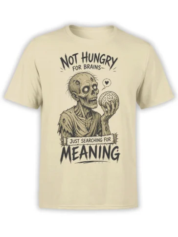 Beige zombie T-shirt with a skull holding a brain and the phrase Just Searching for Meaning
