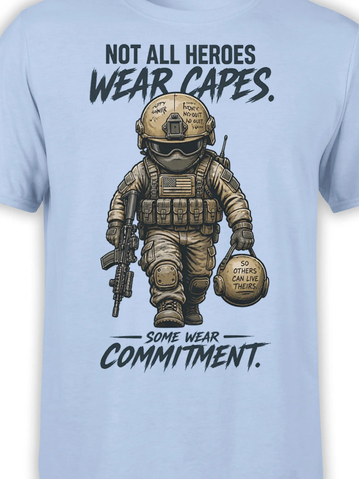 Close-up of soldier artwork, helmet, rifle, flag patch, and commitment text on light blue fabric