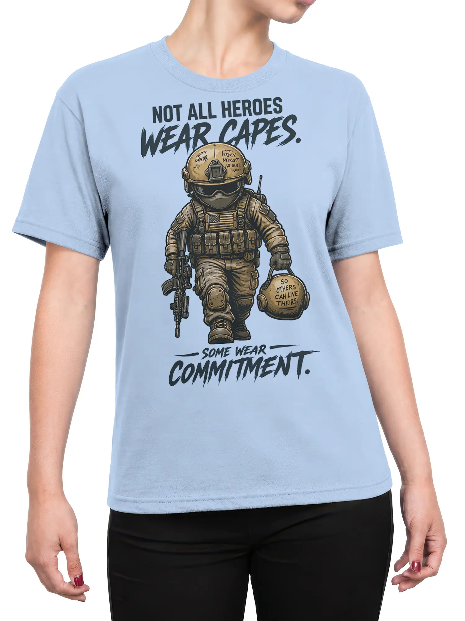 Female torso wearing a light blue military soldier T-shirt with detailed tactical artwork and bold commitment text