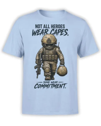 Light blue military soldier T-shirt with tactical gear, rifle, American flag patch, and commitment lettering