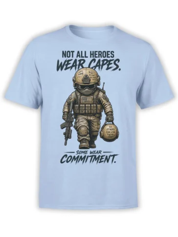 Light blue military soldier T-shirt with tactical gear, rifle, American flag patch, and commitment lettering