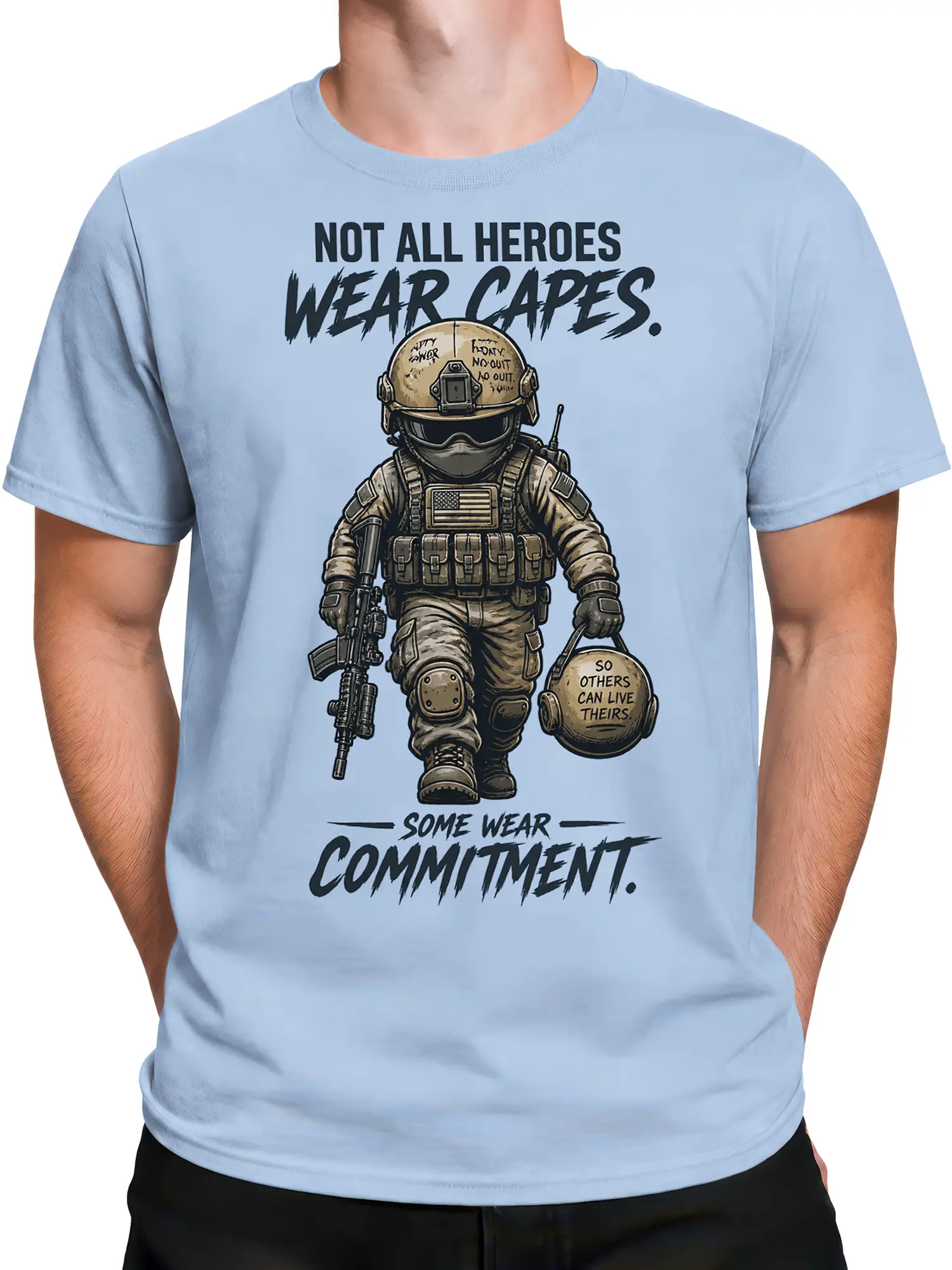 Male torso wearing a light blue soldier graphic T-shirt with tactical gear and military commitment artwork