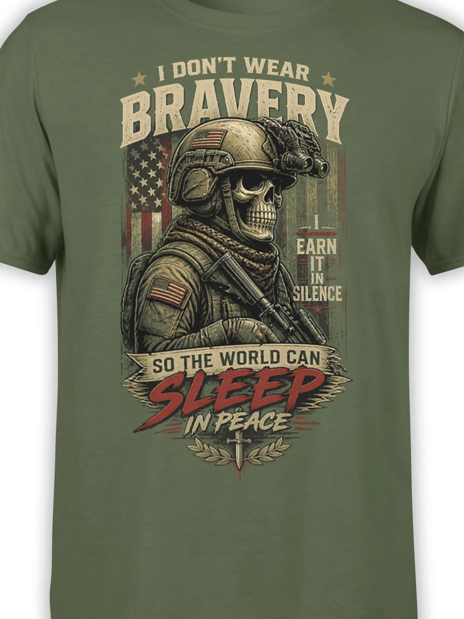 Close-up of helmeted skeleton military artwork with flag patches and red peace message on a green T-shirt