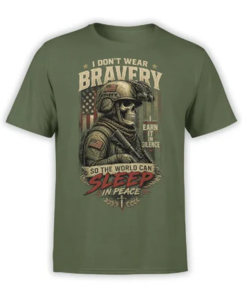 Green military T-shirt with helmeted skeleton, American flag details, and a bold silent courage peace message