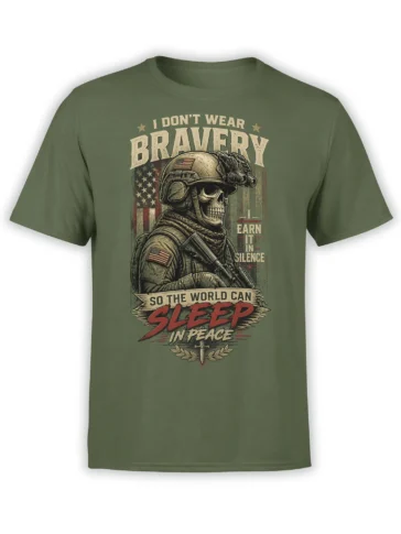 Green military T-shirt with helmeted skeleton, American flag details, and a bold silent courage peace message