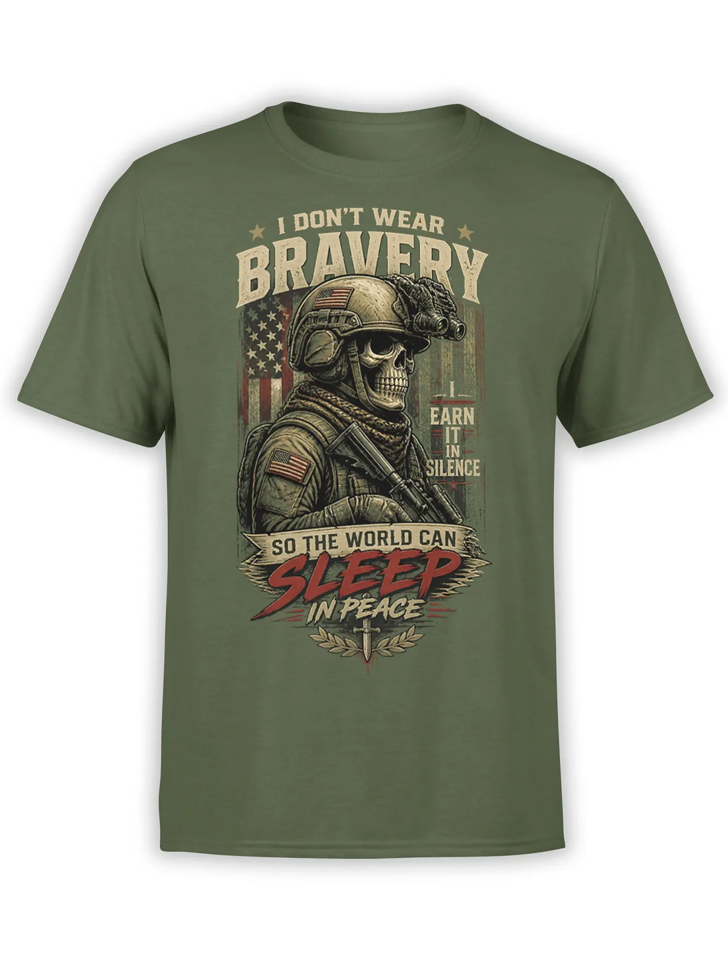 Green military T-shirt with helmeted skeleton, American flag details, and a bold silent courage peace message
