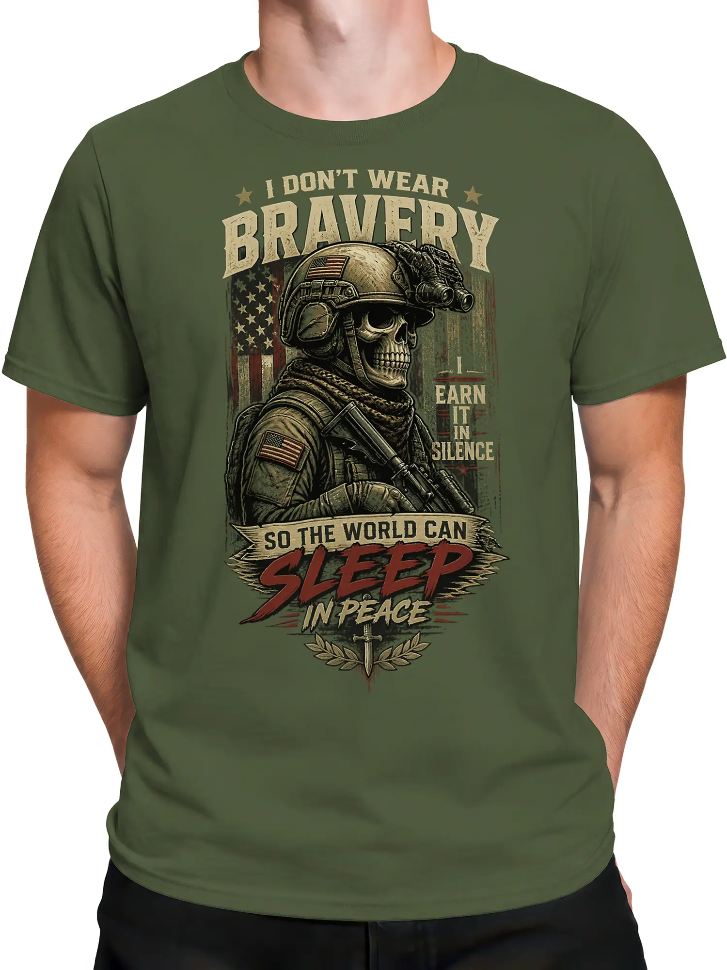 Male torso wearing a green military skull T-shirt with helmeted skeleton and American flag artwork