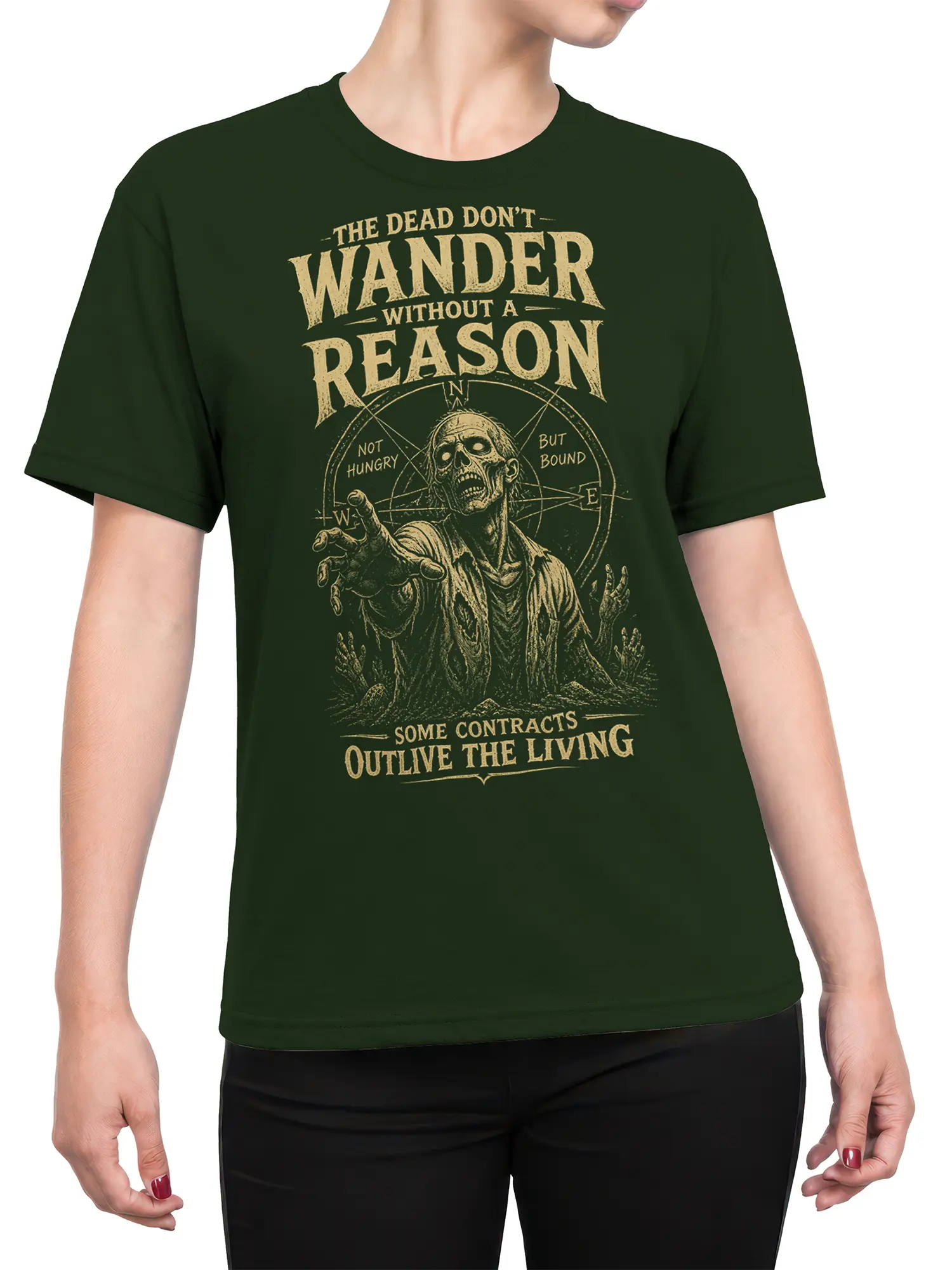 Female torso wearing a green zombie T-shirt with vintage compass and gothic artwork