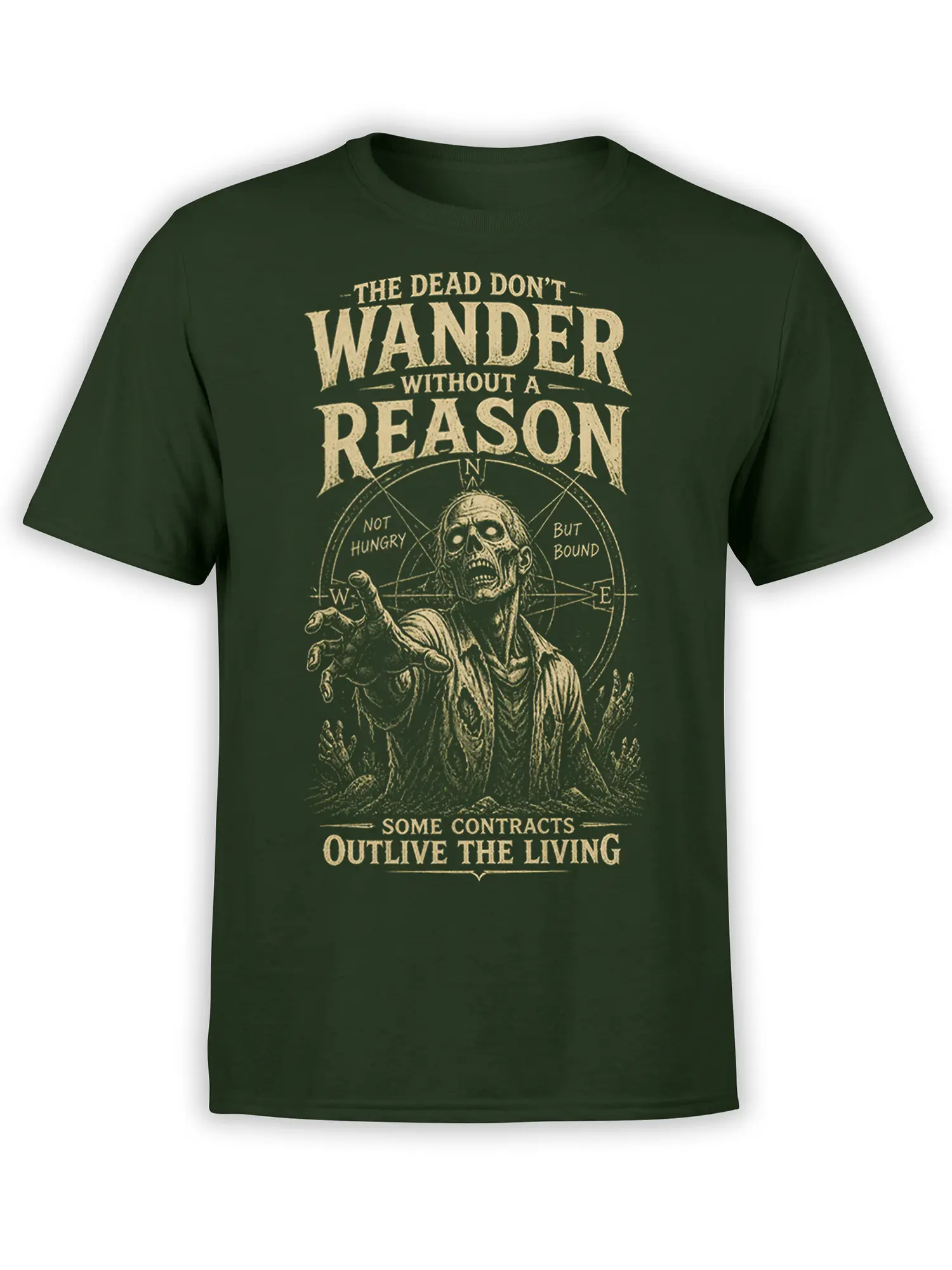 Vintage zombie reaching from a compass with gothic lettering on a green T-shirt