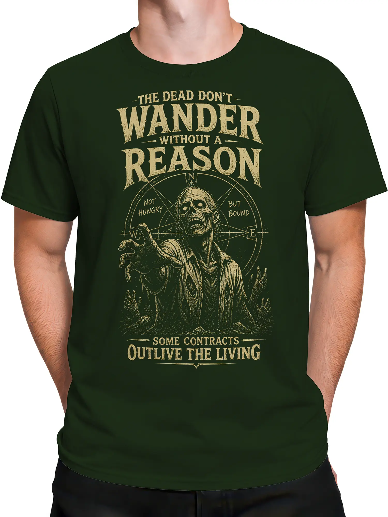 Male torso wearing a green zombie T-shirt with distressed gothic compass artwork