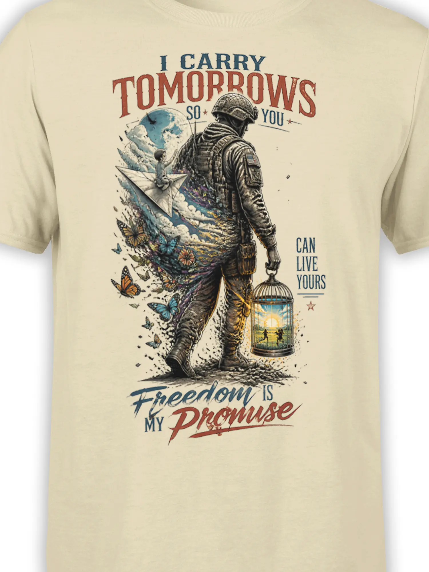 Close-up of the beige soldier graphic showing the birdcage, butterflies, paper airplane, and freedom promise