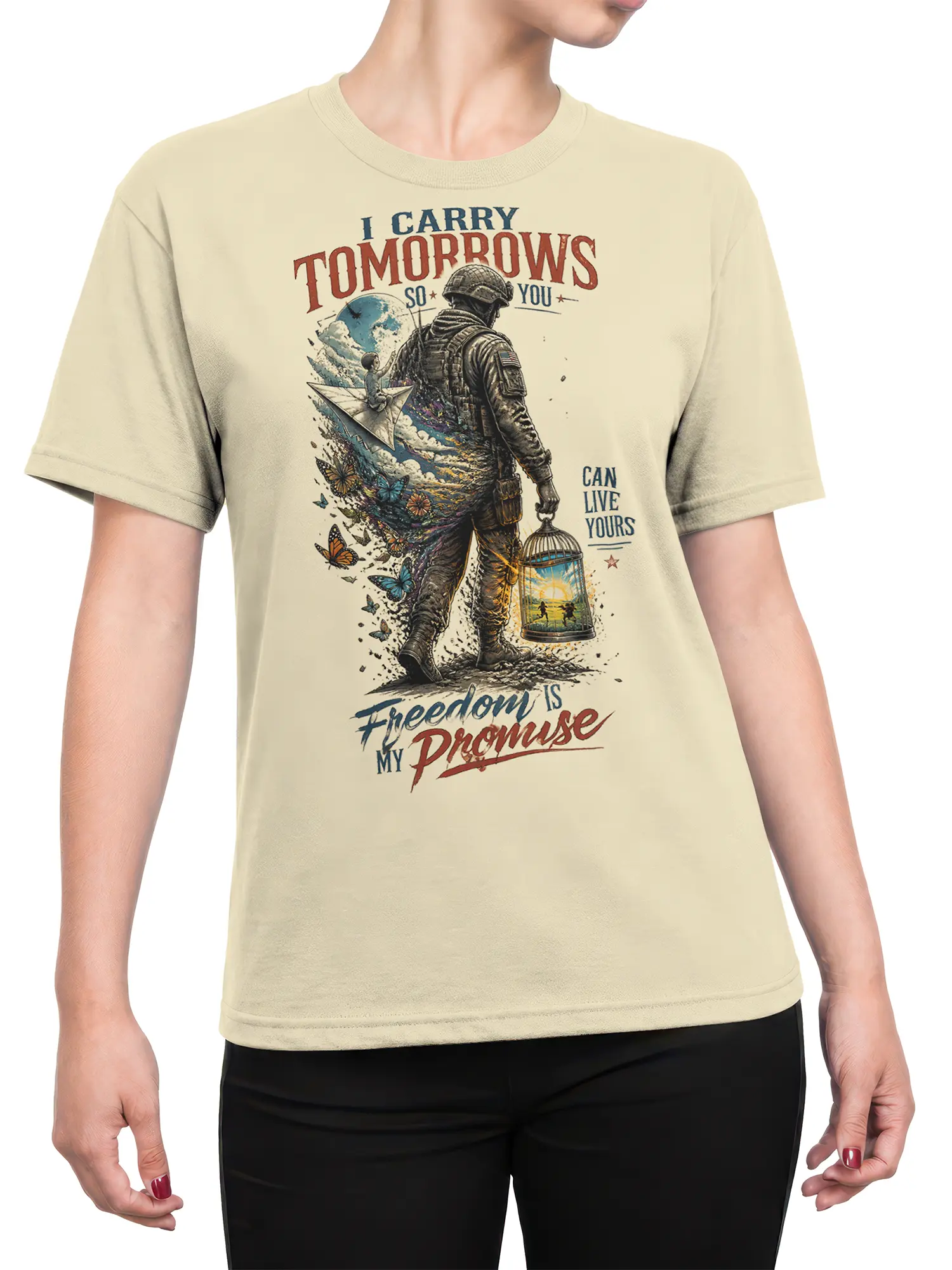 Female torso wearing a beige soldier T-shirt with a freedom graphic, butterflies, paper airplane, and birdcage