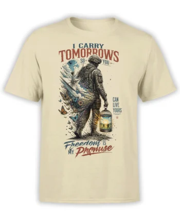 Beige soldier T-shirt with birdcage, paper airplane, butterflies, and an inspirational freedom message