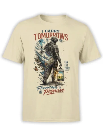 Beige soldier T-shirt with birdcage, paper airplane, butterflies, and an inspirational freedom message