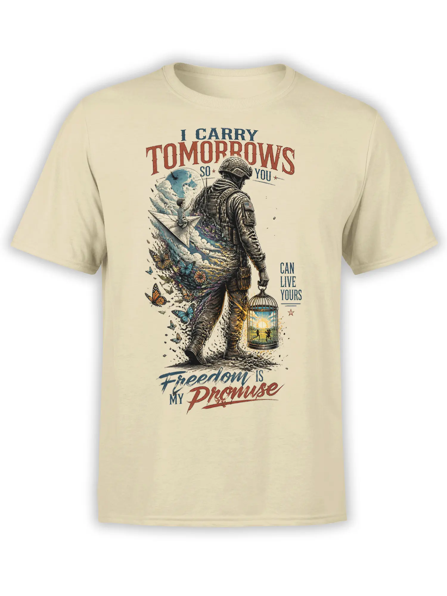 Beige soldier T-shirt with birdcage, paper airplane, butterflies, and an inspirational freedom message