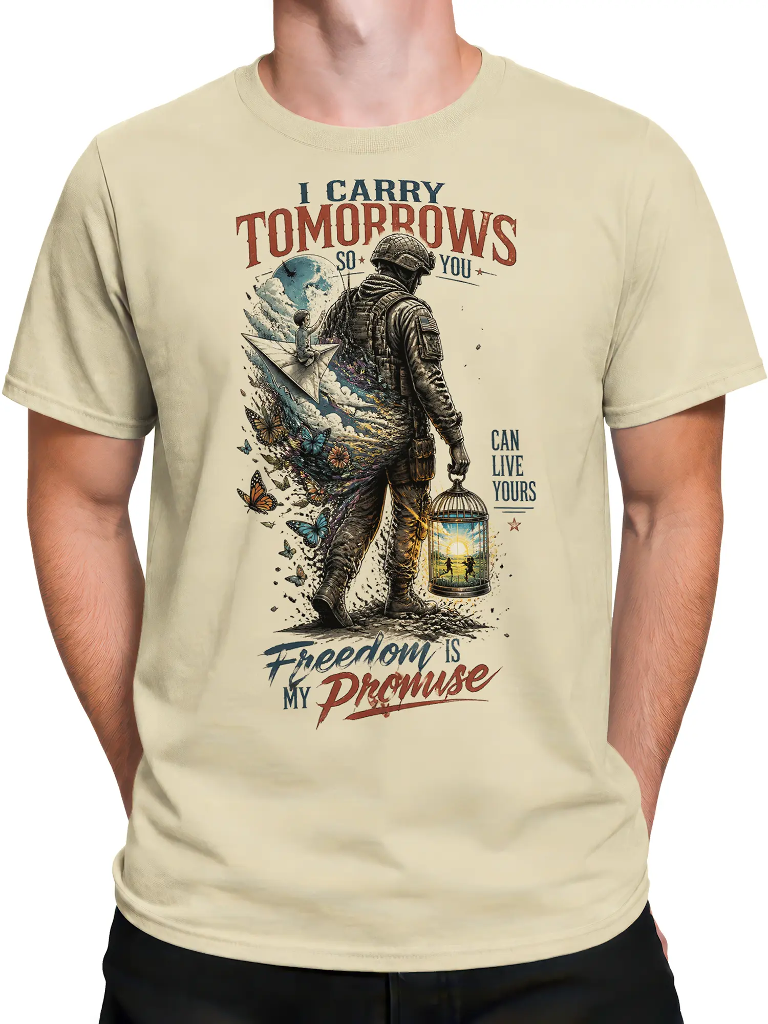 Male torso wearing a beige soldier T-shirt with an inspirational freedom and military tribute design