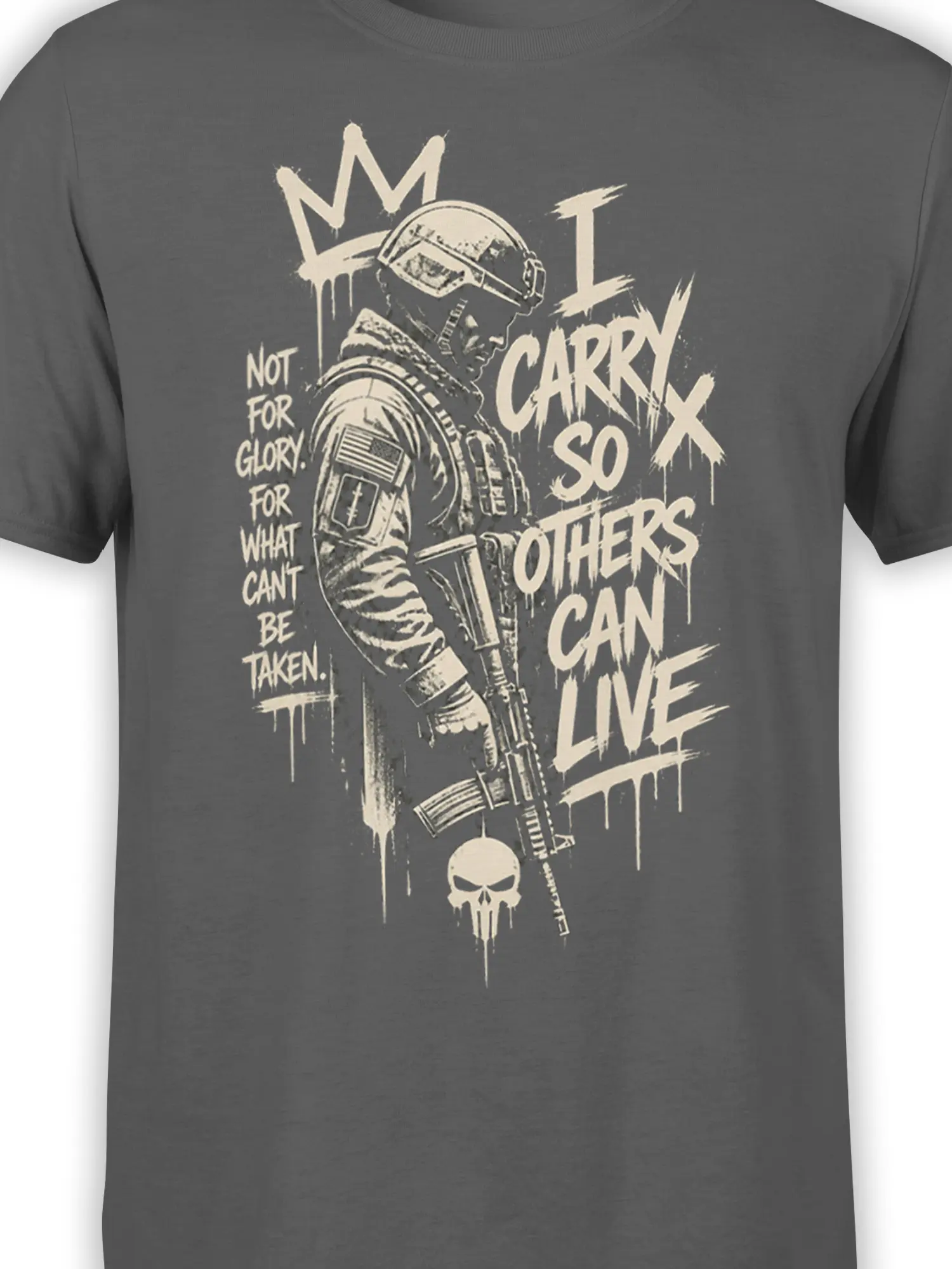 Close-up of helmeted servicemember, tactical gear, rifle, skull emblem, and cream text on gray fabric