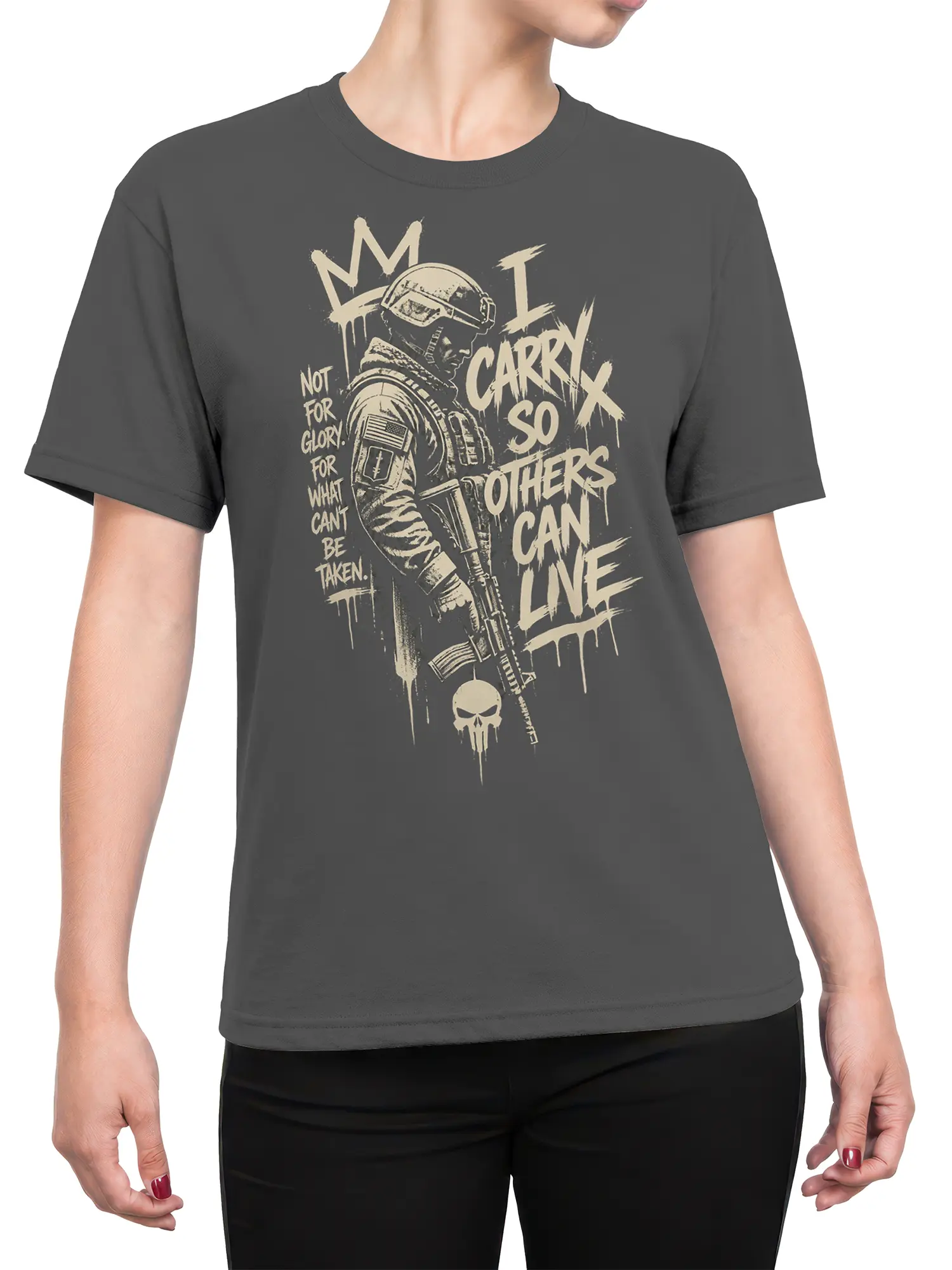 Female torso wearing a gray military graphic tee with servicemember artwork, rifle, skull emblem, and cream text
