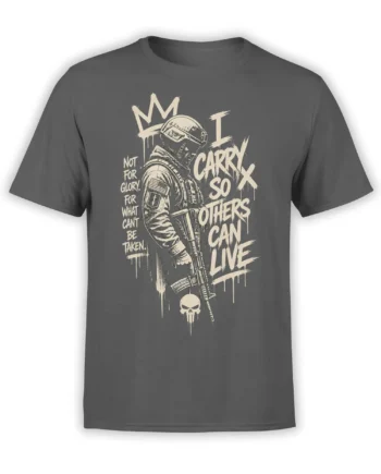 Gray military T-shirt with helmeted servicemember, rifle, skull emblem, and distressed cream lettering