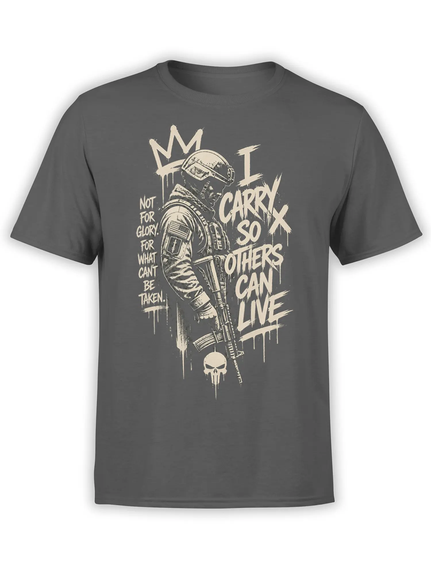Gray military T-shirt with helmeted servicemember, rifle, skull emblem, and distressed cream lettering