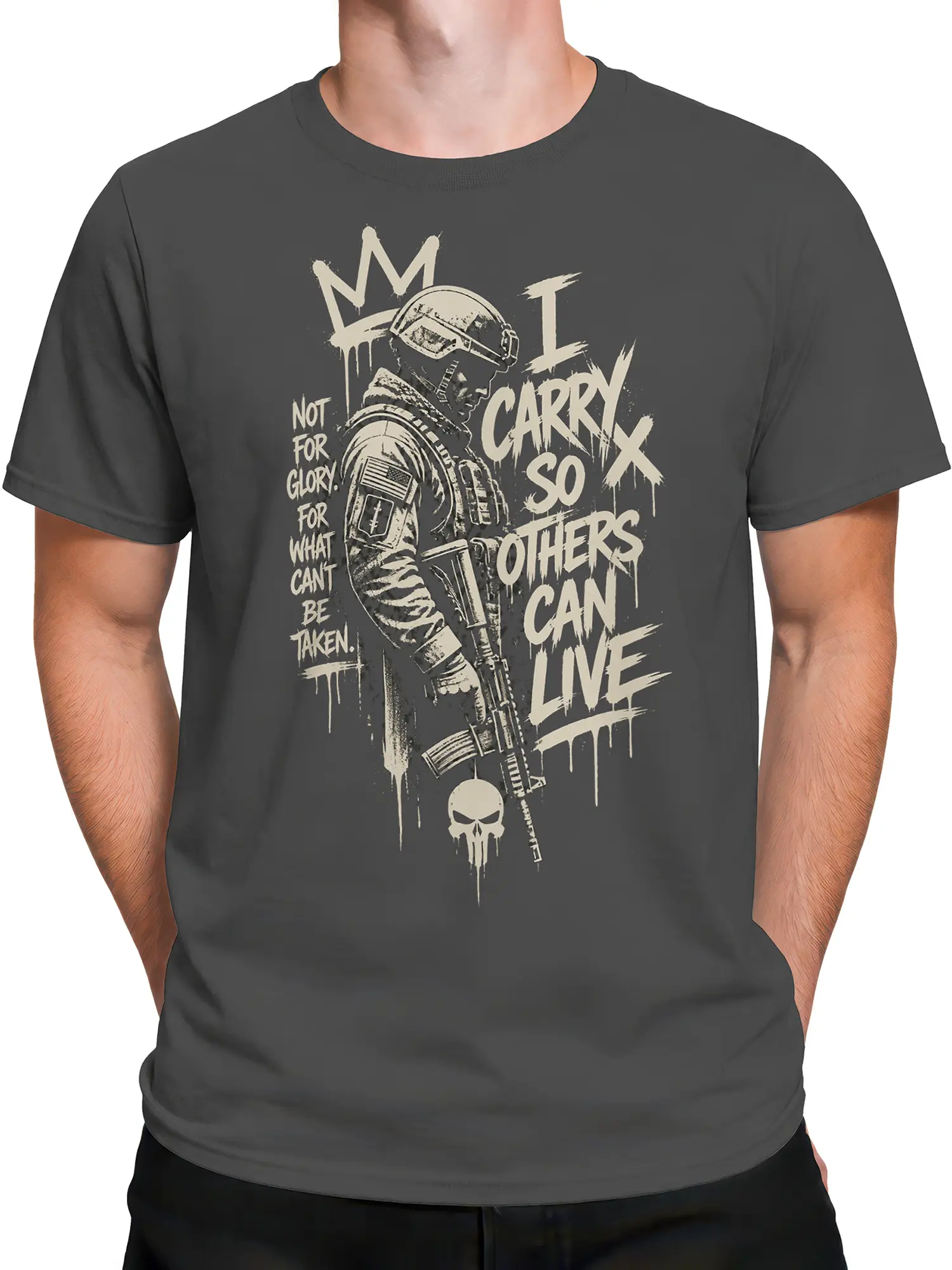 Male torso wearing a gray military T-shirt with helmeted servicemember, rifle, skull emblem, and bold cream lettering