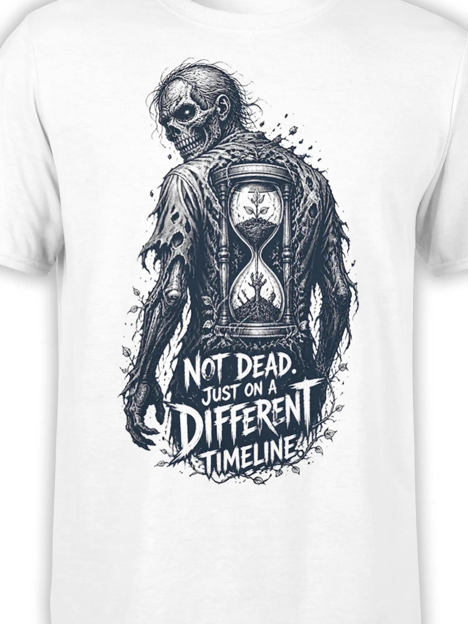 Close-up of the white skull T-shirt showing the undead figure, detailed hourglass, plants, and bold timeline lettering