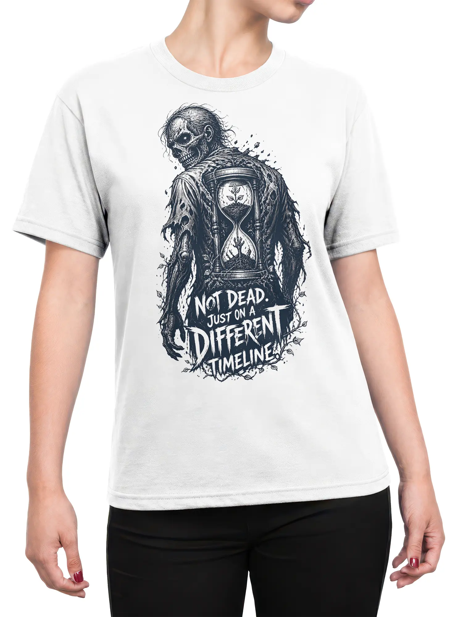 Female torso wearing a white skull T-shirt with an hourglass design and dark “Different Timeline” artwork