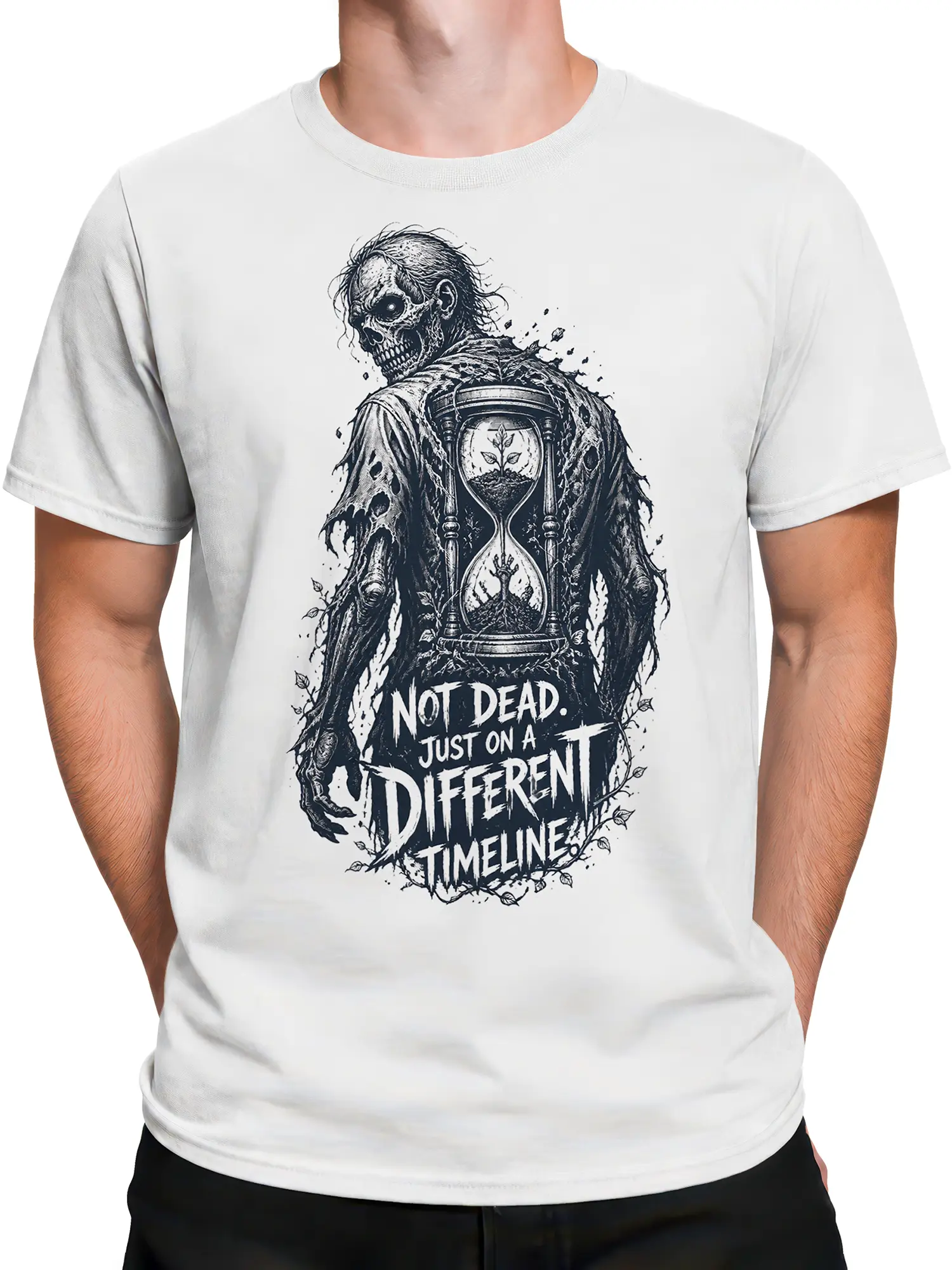 Male torso wearing a white skull T-shirt with a detailed hourglass, growing plants, and gothic timeline graphic