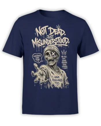 Crowned zombie skull in a beanie with dripping “Not Dead Just Misunderstood” lettering on a navy shirt
