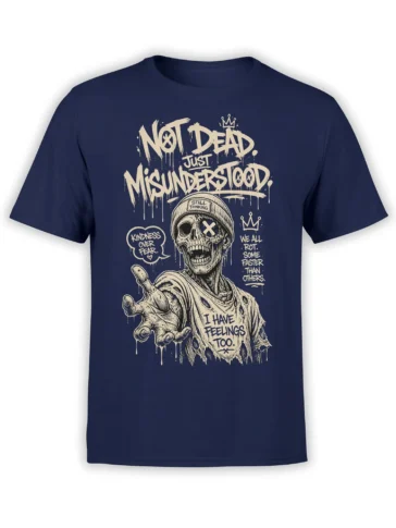 Crowned zombie skull in a beanie with dripping “Not Dead Just Misunderstood” lettering on a navy shirt