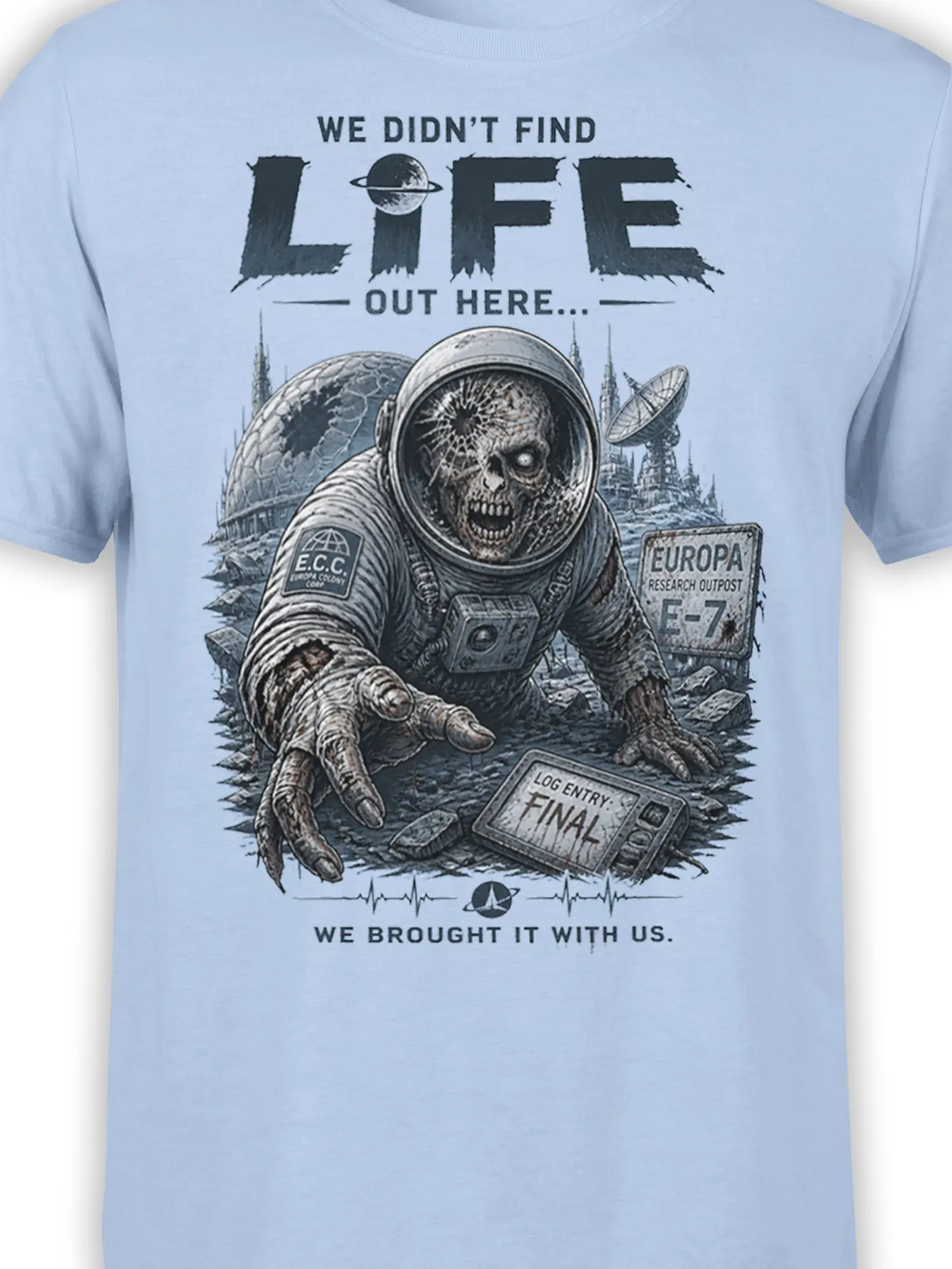 Detailed zombie astronaut artwork with Europa outpost and mission text on a light blue T-shirt