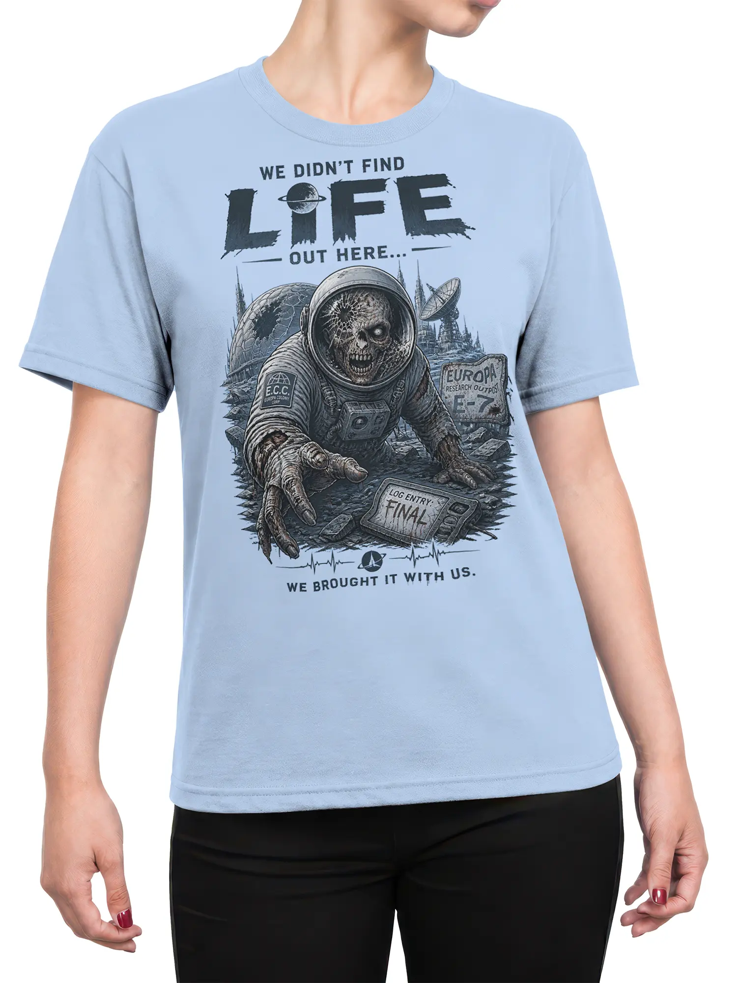 Female torso wearing a light blue T-shirt with a detailed zombie astronaut space horror design