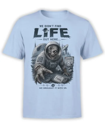 Zombie astronaut reaching from a ruined Europa outpost on a light blue sci-fi horror T-shirt