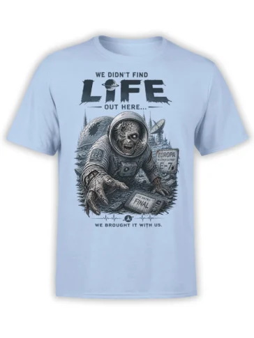 Zombie astronaut reaching from a ruined Europa outpost on a light blue sci-fi horror T-shirt