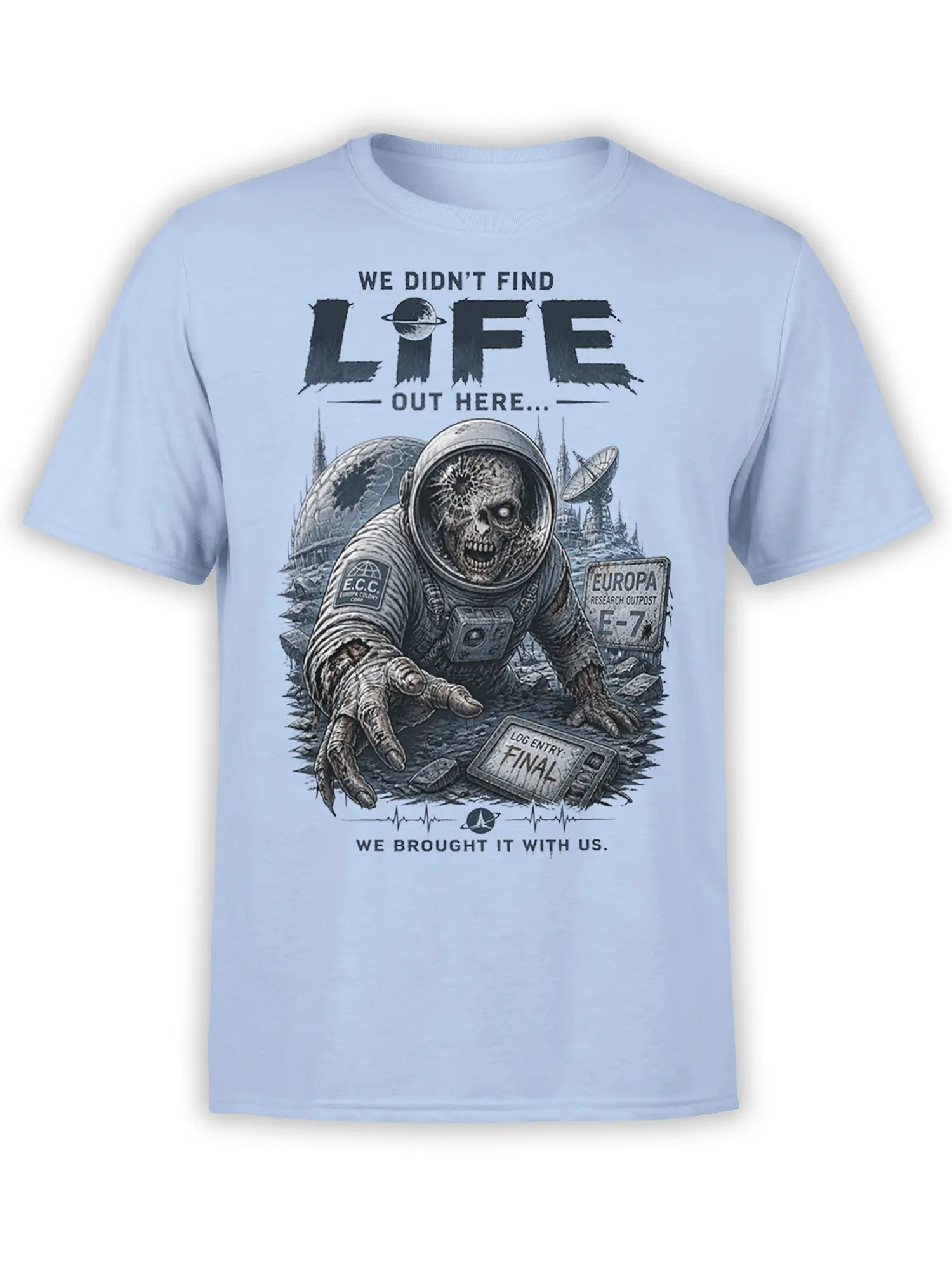 Zombie astronaut reaching from a ruined Europa outpost on a light blue sci-fi horror T-shirt