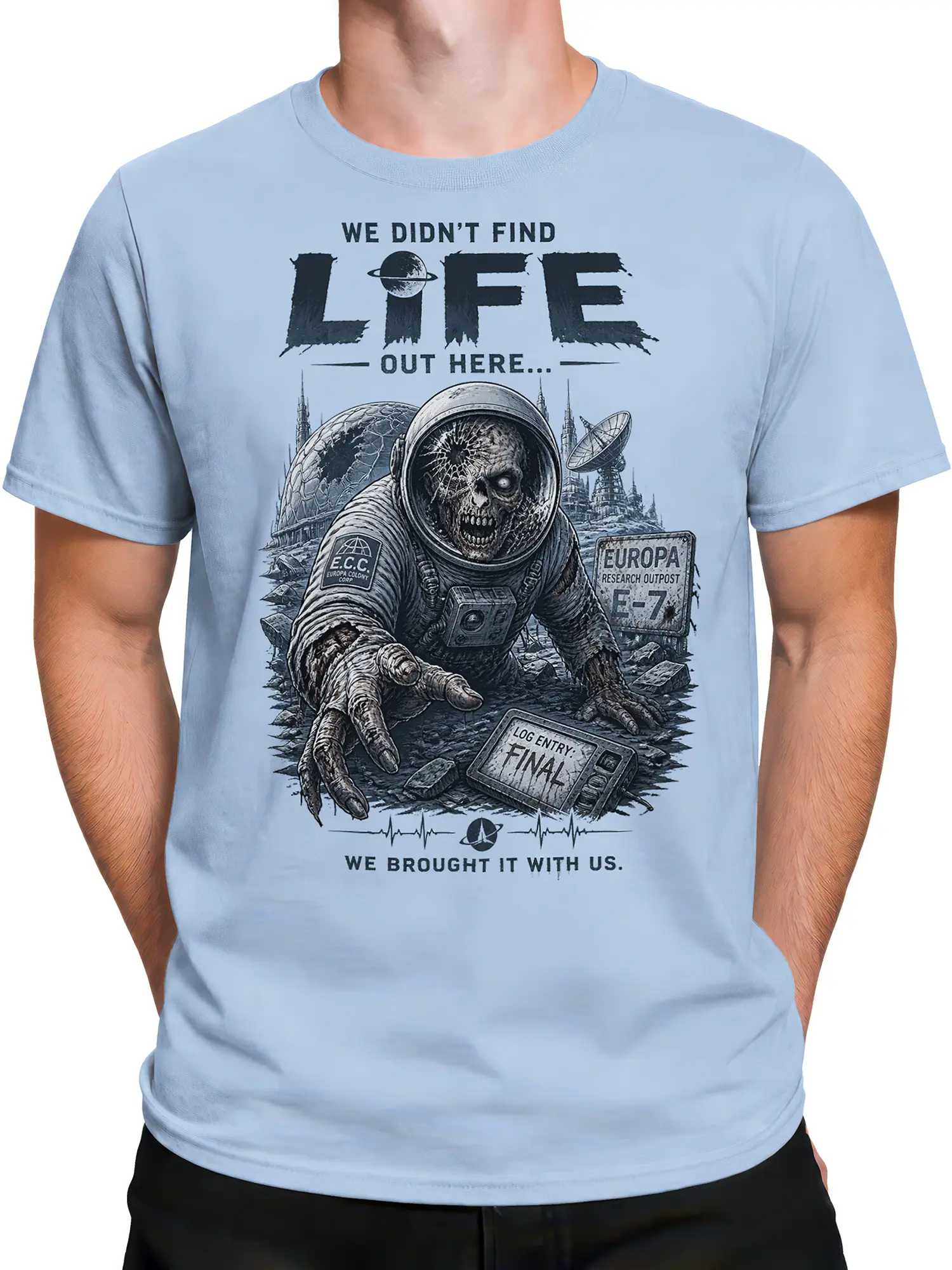 Male torso wearing a light blue zombie astronaut T-shirt with dark sci-fi horror artwork