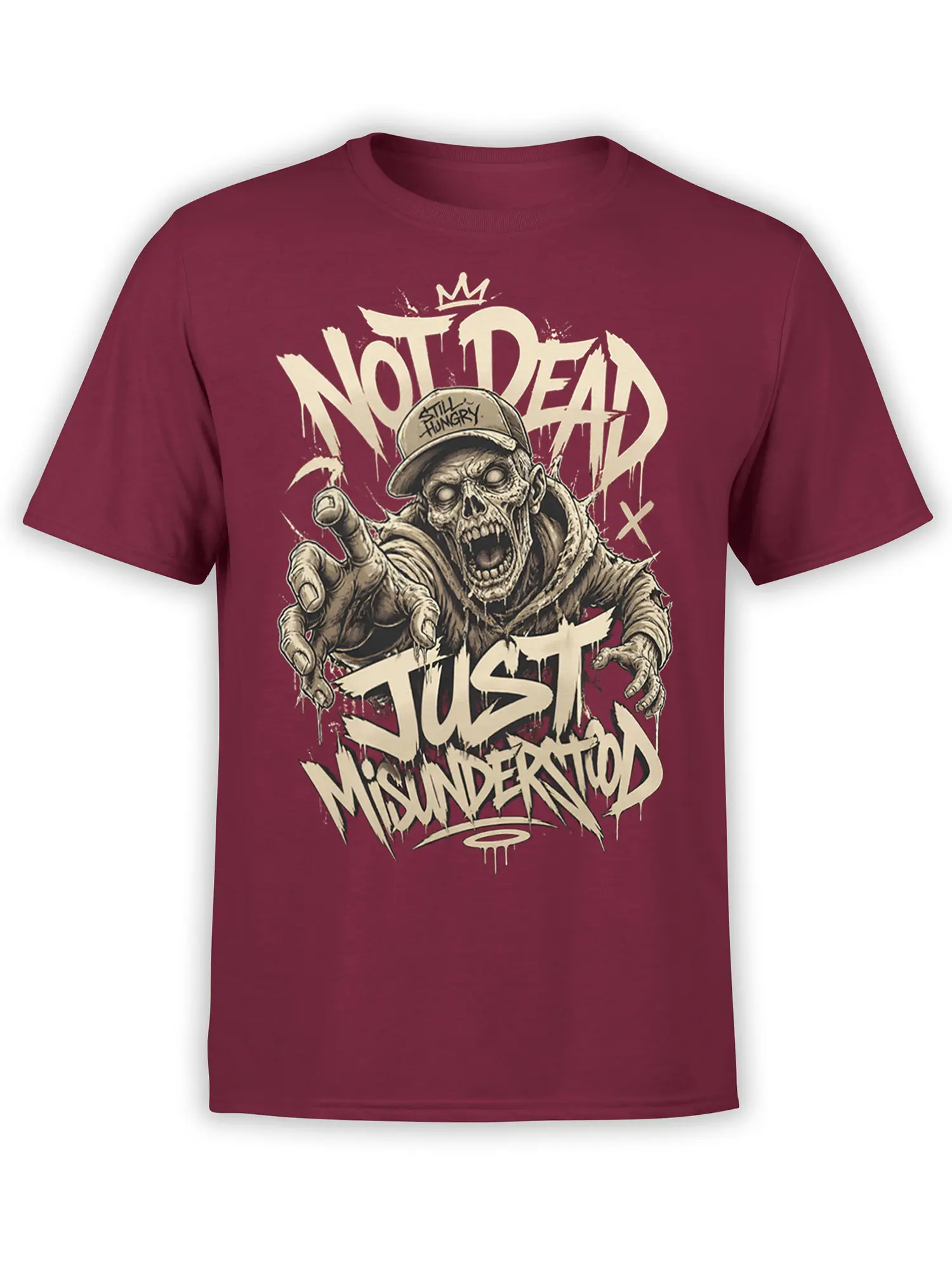 Hungry crowned zombie graphic with “Not Dead, Just Misunderstood” lettering on a burgundy T-shirt