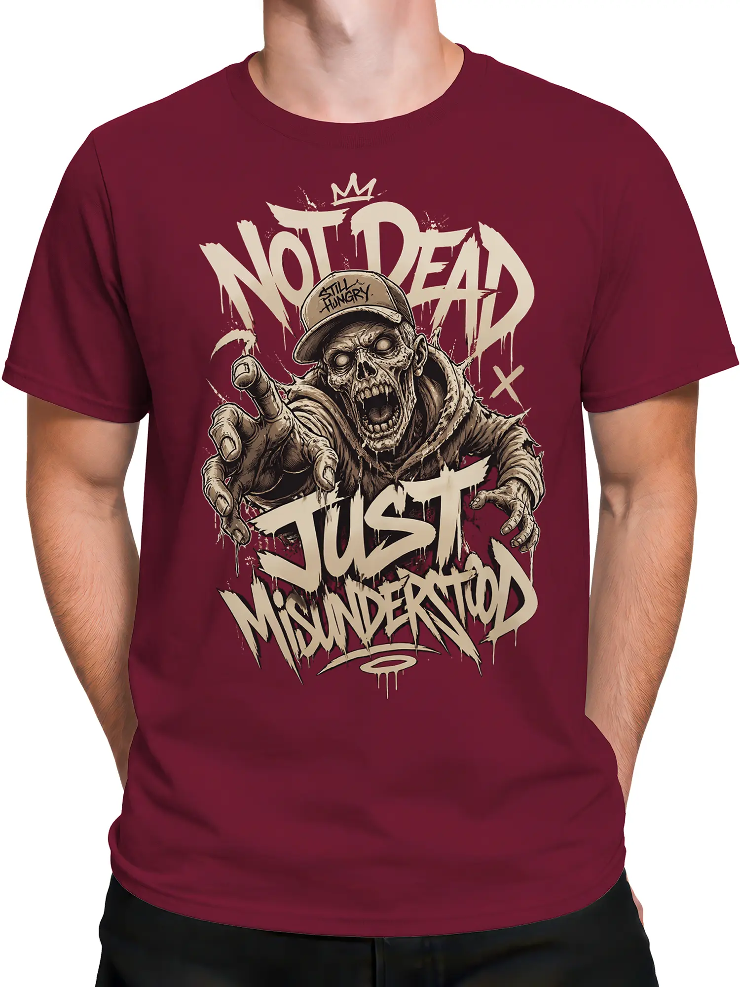 Male torso wearing a burgundy zombie T-shirt with distressed horror lettering and a hungry undead character