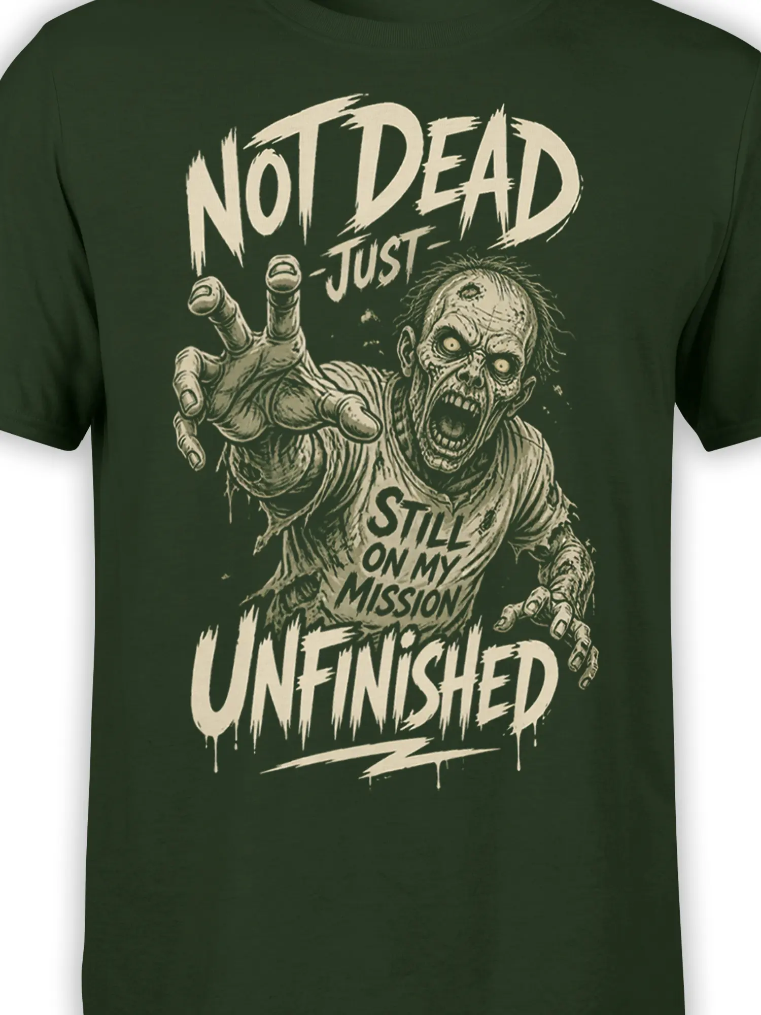 Close-up of a reaching zombie and distressed cream lettering on a dark green horror T-shirt