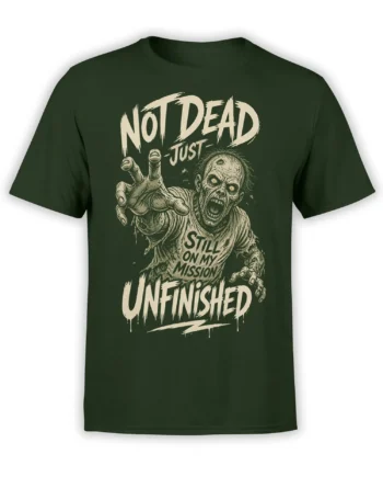 Dark green zombie T-shirt with distressed cream lettering and an unfinished mission horror graphic