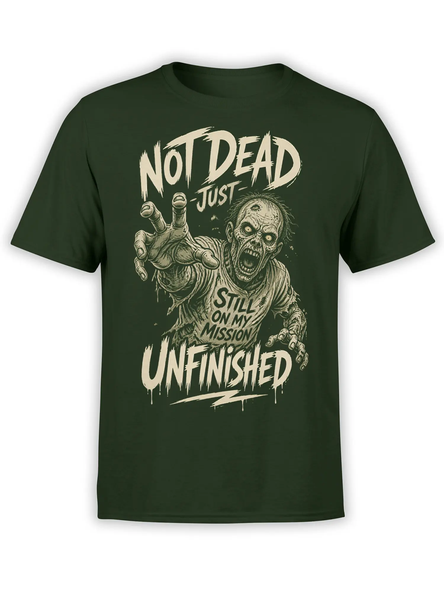 Dark green zombie T-shirt with distressed cream lettering and an unfinished mission horror graphic