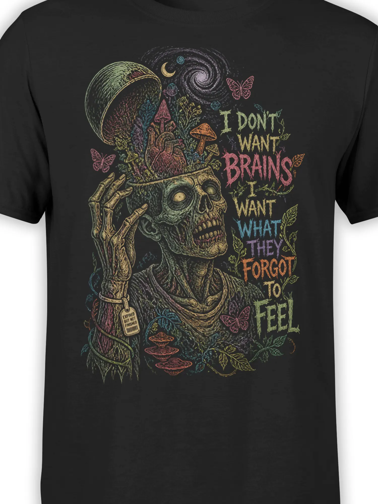 Close-up of the undead figure, mushrooms, butterflies, and colorful emotional text on the black shirt