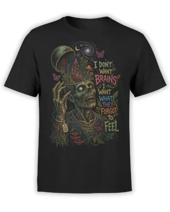 Colorful undead figure with mushrooms, butterflies, and forgotten feelings text on a black zombie T-shirt