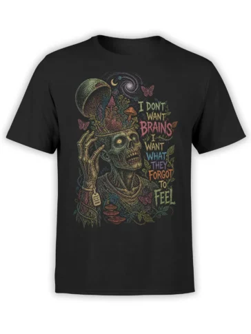Colorful undead figure with mushrooms, butterflies, and forgotten feelings text on a black zombie T-shirt