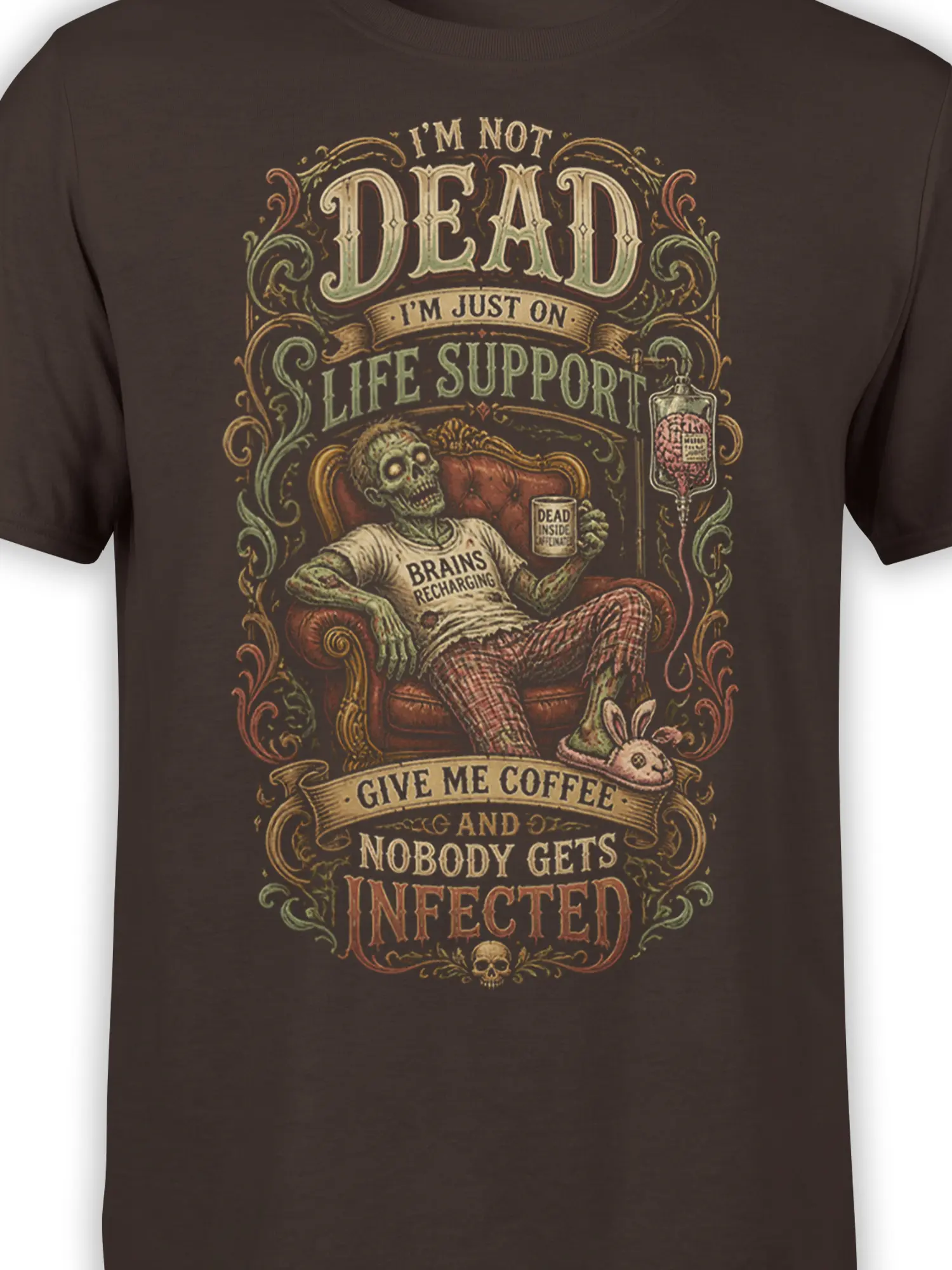 Close-up of zombie coffee design with brain recharging text, IV bag, mug, and ornate vintage details