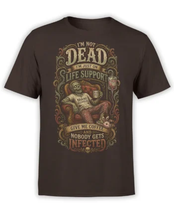 Brown zombie coffee T-shirt with vintage lettering, IV support, armchair, and bunny slippers