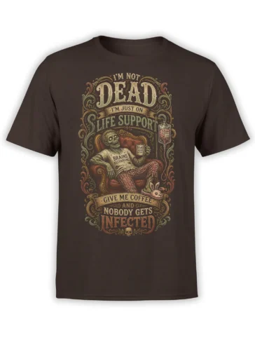 Brown zombie coffee T-shirt with vintage lettering, IV support, armchair, and bunny slippers