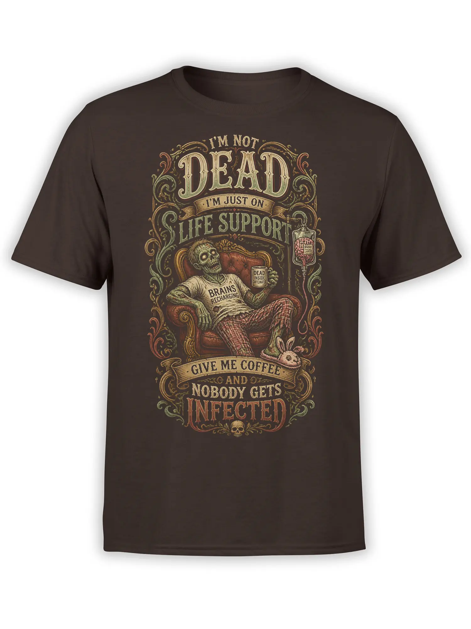 Brown zombie coffee T-shirt with vintage lettering, IV support, armchair, and bunny slippers