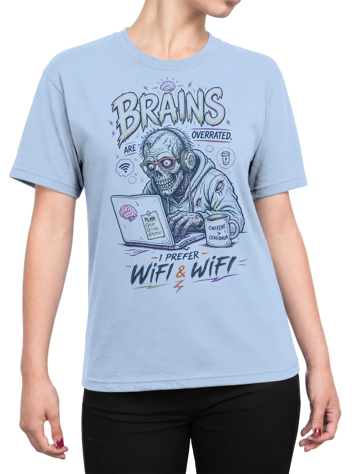 Female torso wearing a light blue zombie T-shirt with a laptop, headphones, coffee, and Wi-Fi graphic